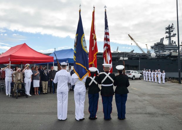 NAVAL BASE KITSAP-BREMERTON, Wash. (June 3, 2016) –  Naval Base Kitsap honor guard parades the colors during a Battle of Midway ceremony. This month marks the 74th anniversary of the Battle of Midway, commonly referred to as the turning point to the war in the Pacific. U.S. Navy photo by Mass Communication Specialist Third Class Chad D. Anderson/Released)