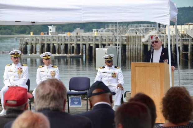 NAVAL BASE KITSAP-BREMERTON, Wash. (June 3, 2016) –  WWII veteran William Lent gives a speech during a Battle of Midway ceremony. This month marks the 74th anniversary of the Battle of Midway, commonly referred to as the turning point to the war in the Pacific. U.S. Navy photo by Mass Communication Specialist Third Class Chad D. Anderson/Released)
