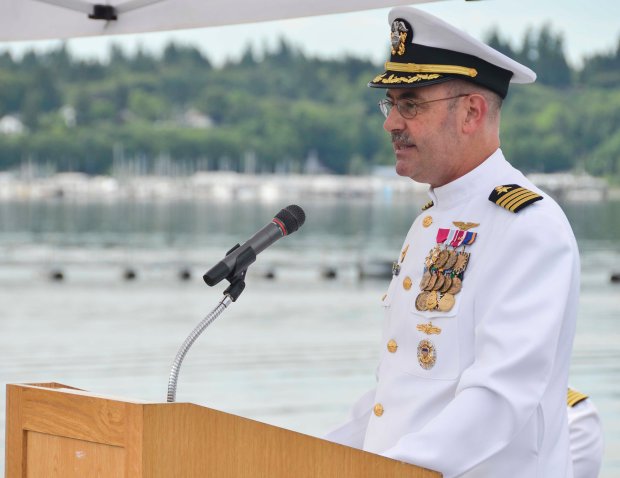 NAVAL BASE KITSAP-BREMERTON, Wash. (June 3, 2016) – Capt. John Ring, commanding officer of the aircraft carrier USS Nimitz (CVN 68) speaks to guests during a Battle of Midway ceremony. This month marks the 74th anniversary of the Battle of Midway, commonly referred to as the turning point to the war in the Pacific. (U.S. Navy photo by Mass Communication Specialist 3rd Class Chad D. Anderson/Released)